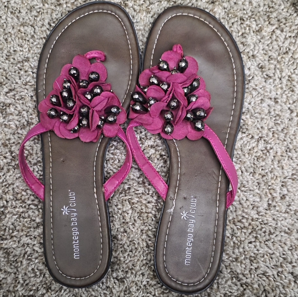 Montego Bay Club Floral Beaded Sandals - Fuchsia/Pink